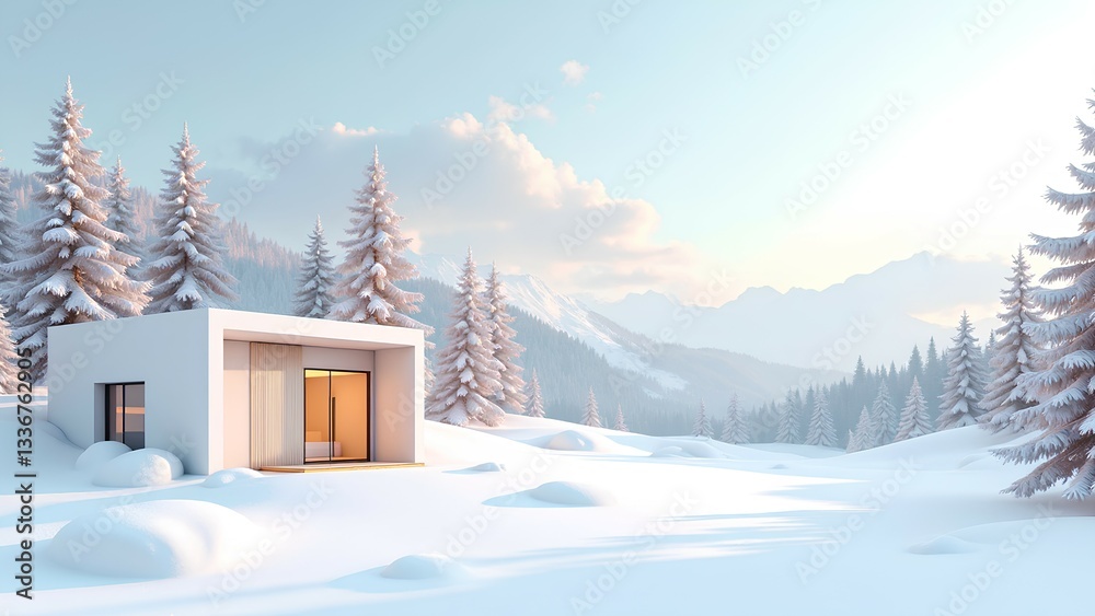 Naklejka premium A modern cabin surrounded by snowy trees and mountains, bathed in soft sunlight, creates a serene winter landscape.