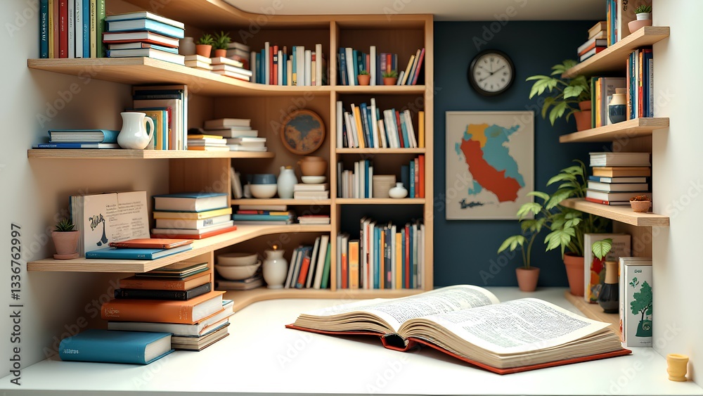 A cozy reading nook featuring wooden bookshelves filled with books, a large open book, decorative items, and a plant, creating a warm, inviting atmosphere. A cozy reading nook featuring wooden bookshelves filled with books, a large open book, decorative items, and a plant, creating a warm, inviting atmosphere.