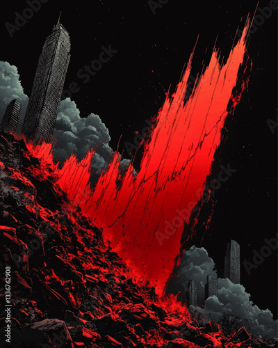 Dramatic Cityscape with Apocalyptic Red Energy, High-rise Buildings, and Dark Sky with Clouds - Striking Vector Art Depiction of Destruction and Chaos