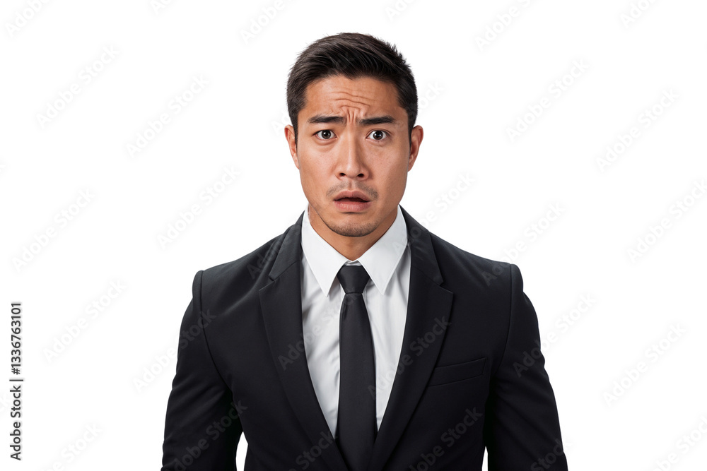 Businessman with serious face and looking scared, isolated on transparent background Businessman with serious face and looking scared, isolated on transparent background