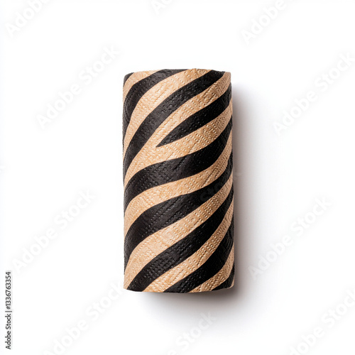 Black and white striped paper towel sheet displayed on a kitchen paper towel holder showcasing realistic photography and enough copy space for creative textual information