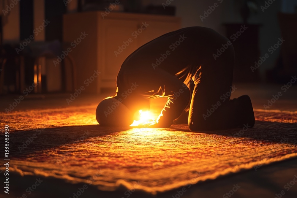 devout Muslim man praying in warm glowing light during evening prayer in sacred space