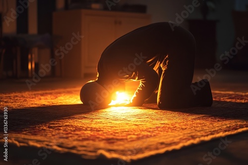 Obraz na płótnie devout Muslim man praying in warm glowing light during evening prayer in sacred space w salonie