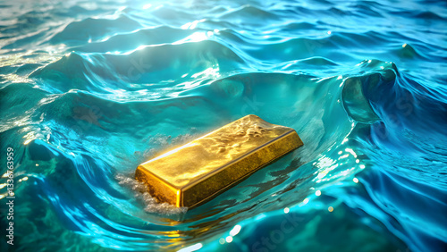 gold price commodity monetary.gold bar floating in vibrant blue water, reflecting light