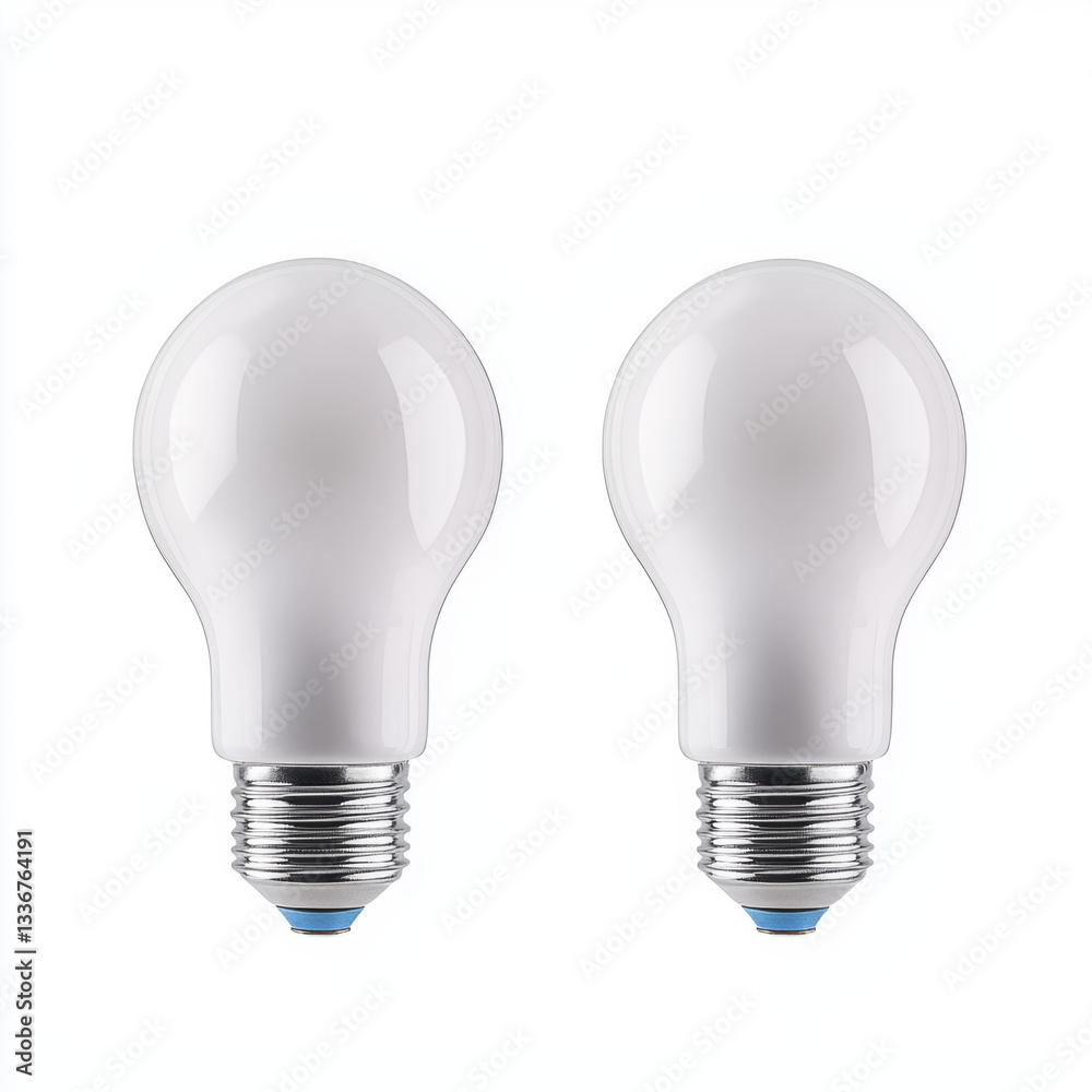 Realistic photography of two led light bulbs isolated on a clean background with ample copy space for text or graphic design elements in a modern lighting setting Realistic photography of two led light bulbs isolated on a clean background with ample copy space for text or graphic design elements in a modern lighting setting