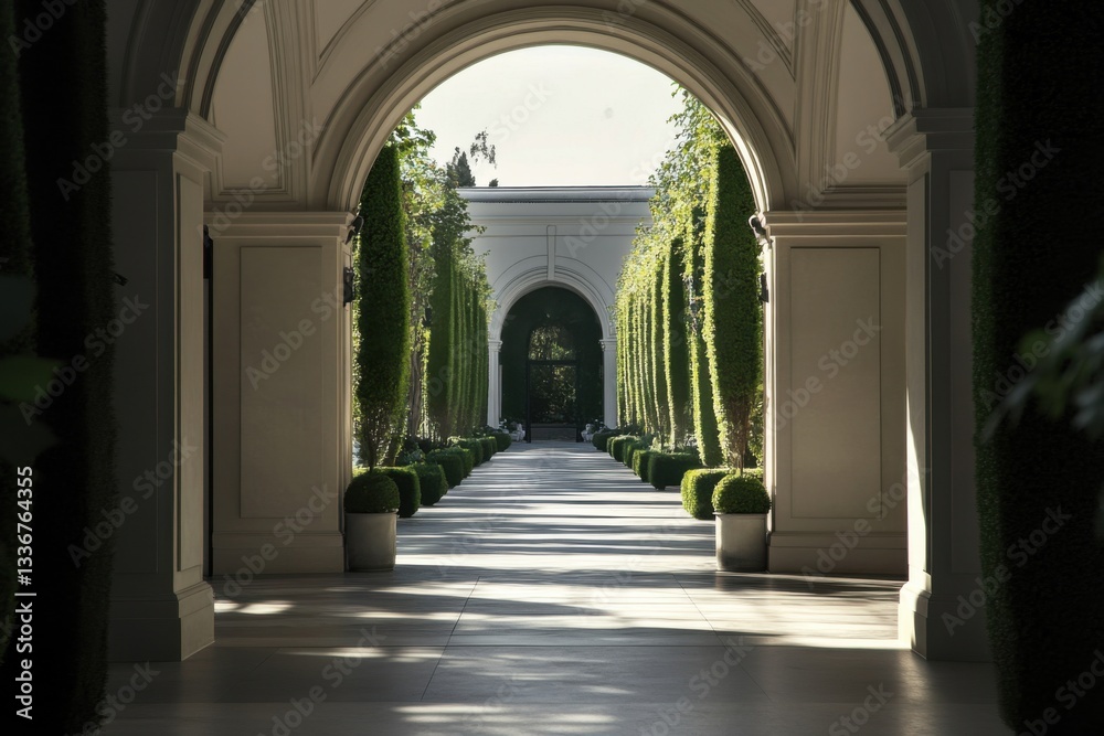 Fototapeta premium A beautifully designed garden pathway meanders through a tranquil setting, flanked by perfectly trimmed hedges and vibrant greenery, all bathed in the warm light of a late afternoon sun