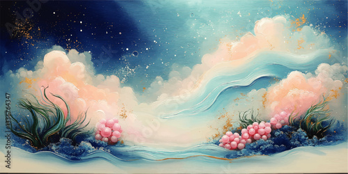"Enchanting Fantasy Landscape Art: Surreal Sky, Dreamy Clouds, Whimsical Abstract Ocean Scene with Pastel Colors and Whimsical Elements in Vector Design"