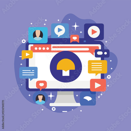 2d vector illustration colorful social media boost , influence blogger E-marketer via Internet pages marketing referral
