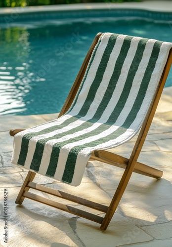 Comfortable Lounge Chair With Towels by the Turquoise Pool in Bright Sunlight