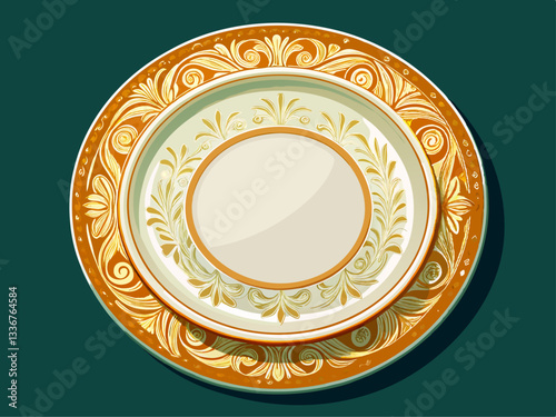 vector of round porcelain dinner plate with a simple embossed rim. The glossy surface is plain, perfect for serving elegant meals.