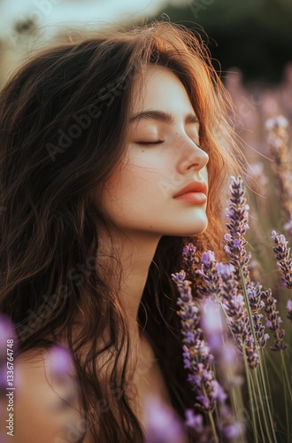 Woman Enjoying a Moment of Tranquility Among Lavender Flowers at Sunset in a ...