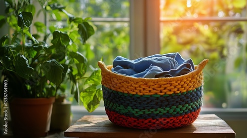 Colorful Woven Basket Filled With Laundry Near Window in a Sunny Room