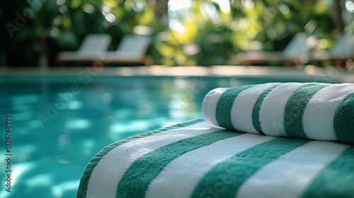 Soft White Towel With Green Stripes Placed on a Lounge Chair Beside a Shimmer...