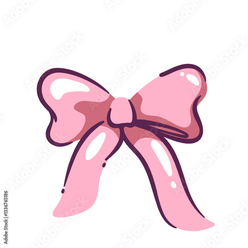 Pink ribbon bow. Funny satin present box classic decoration, festive silk tie on package wrap. Birthday, Valentines Day, surprise gift mascot,ribbon knot cartoon vector illustration