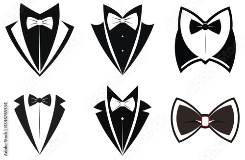 Stylish Black and White Tuxedo and Bowtie Icons