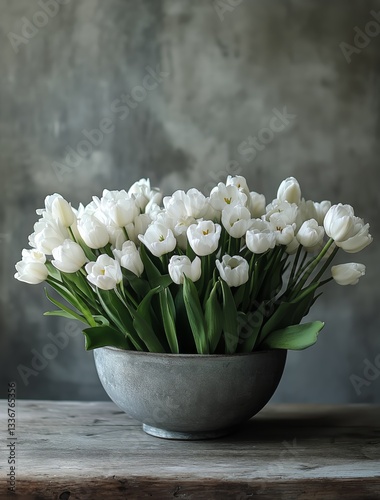 White Tulips and Star-Shaped Flowers Arranged Elegantly in a Dark Bowl on a T...