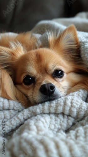 Yorkshire Terrier Relaxes Comfortably Wrapped in a Soft, Textured Blanket on ...