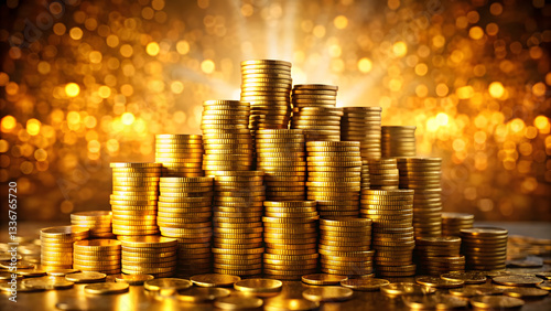 gold price commodity monetary.Piles of gold coins shining brightly, symbolizing wealth and price