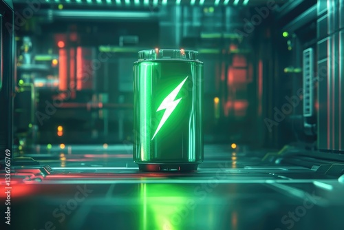A green battery with a lightning bolt in a futuristic room