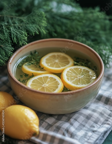 Refreshing Lemon Infusion in a Copper Pot With Mint on a Marbled Countertop