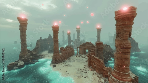 Explore a Mystical Ancient Ruins with Glowing Orbs by the Sea: Surreal Digital Art of Towers and Ocean Waves in a Dreamlike Atmosphere