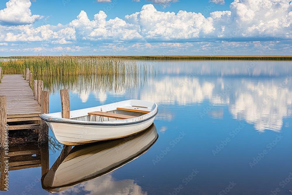 Tranquil lake scene with wooden dock and boat. Calm waters reflect a vibrant sky filled with puffy clouds. A small white boat rests peacefully at the edge of a dock Tranquil lake scene with wooden dock and boat. Calm waters reflect a vibrant sky filled with puffy clouds. A small white boat rests peacefully at the edge of a dock