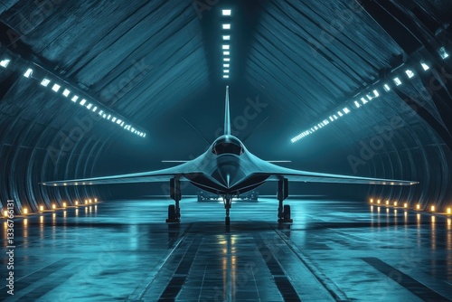 A stealth bomber inside a hangar with bright lights
