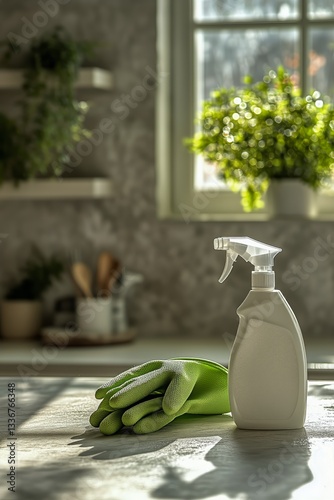 Cleaning Supplies on a Table in a Sunlit Indoor Garden During Morning Hours
