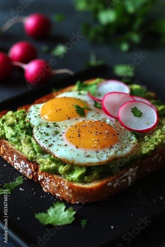 Delicious Avocado Toast Topped With Sunny Side up Eggs and Fresh Radishes for...