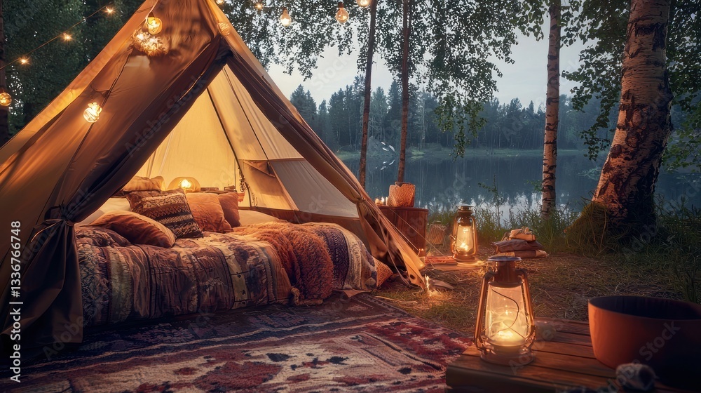 Fototapeta premium Glamping by the Lake: A Serene Escape in Nature