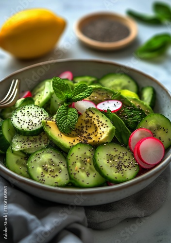 Refreshing Green Salad With Cucumber, Radish, and Mint on a Rustic Table Setting