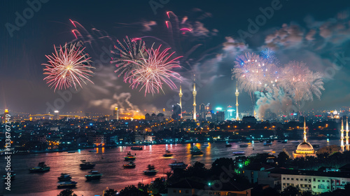 vibrant city skyline illuminated by fireworks at night
