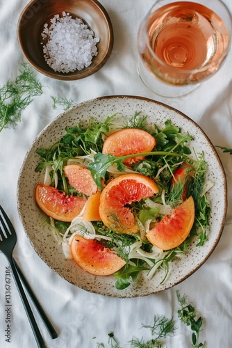 Colorful Salad With Citrus Fruits Served on a Plate Alongside a Glass of Rose...
