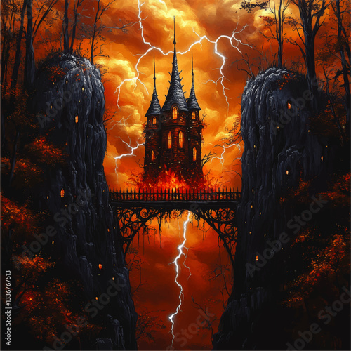 Mysterious Gothic Castle Surrounded by Fiery Orange Sky and Striking Lightning, Bridging Steep Cliffs in Enchanted Forest with Towering Trees and Glowing Windows