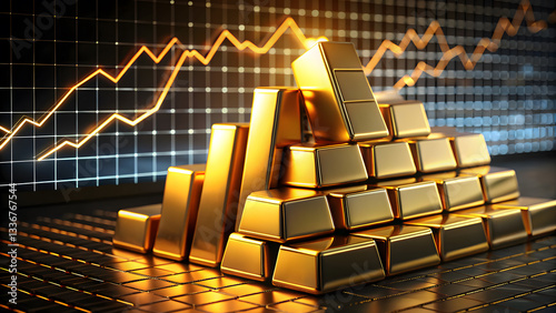 gold price commodity monetary.Gold bars stacked with rising graph background, symbolizing gold