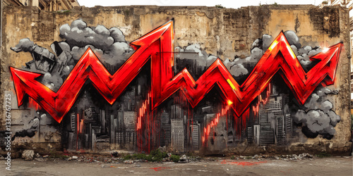 Urban Street Art Vector: Dynamic Red Zigzag Arrow Graffiti on Weathered Wall with Architectural Elements, Smoky Clouds, and Urban Decay in a Gritty Cityscape