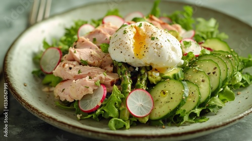 Healthy Salad Topped With Poached Egg, Asparagus, Avocado, and Radishes Serve...