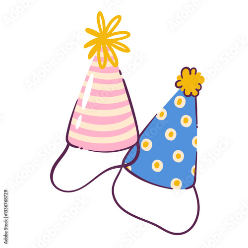 Cone birthday hats. Festive caps with cute stripe and polka dot pattern to celebrate kids fun party. Anniversary, celebration mascot, cartoon fancy ornament hats cartoon vector illustration