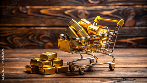 gold price commodity monetary.Gold bars in shopping cart, symbolizing wealth and price