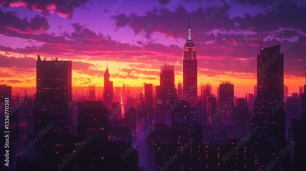 Obraz premium Vibrant Sunset over City Skyline