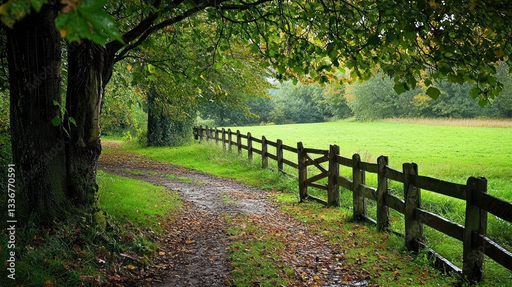 Fototapeta premium Serene Countryside Path: A Picturesque Walk Through Lush Green Fields and Trees