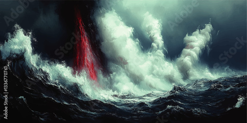 Stunning Vector Art Depicting Dramatic Ocean Waves and Thunderstorm with Fiery Red Lightning Skies – Vibrant Illustration for Creative Design Inspiration