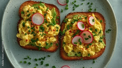 Delicious Open-Faced Sandwich Topped With Creamy Egg Salad, Radishes, and Gre...