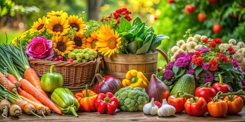 A vibrant display of fresh vegetables from a lush garden with various colorful flowers surrounding it, fruits, farm,  fruits