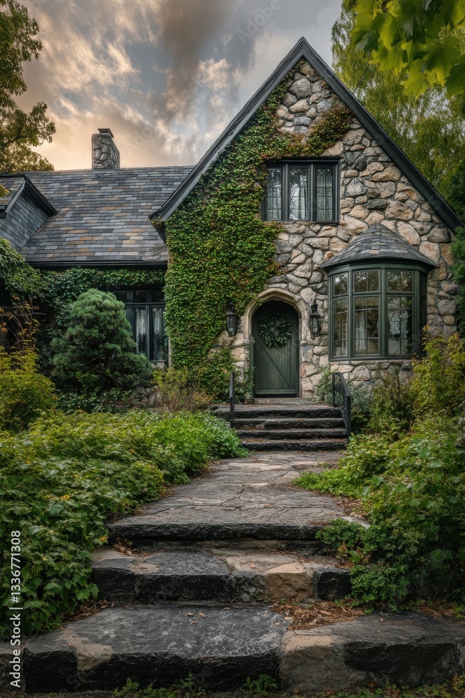 Charming stone house surrounded by lush greenery at dusk with dramatic clouds and warm lighting illuminating the entrance pathway Charming stone house surrounded by lush greenery at dusk with dramatic clouds and warm lighting illuminating the entrance pathway