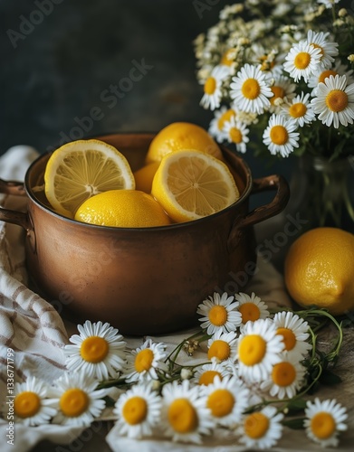 Refreshing Lemon Infusion in a Copper Pot With Mint on a Marbled Countertop