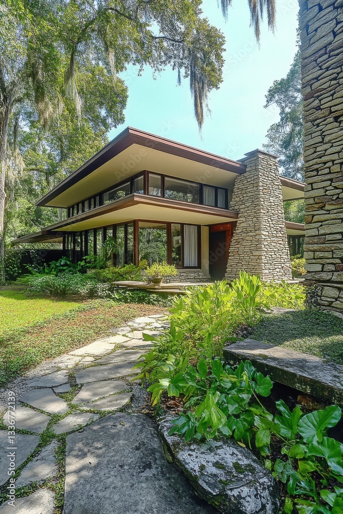 Modern architectural design of a house surrounded by lush greenery set in a tranquil environment during bright daylight hours Modern architectural design of a house surrounded by lush greenery set in a tranquil environment during bright daylight hours