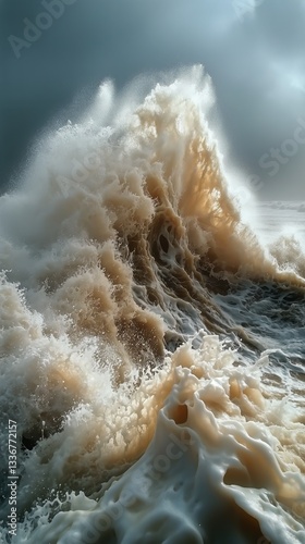 Powerful Ocean Wave Crashing on Sandy Beach Under Overcast Sky
