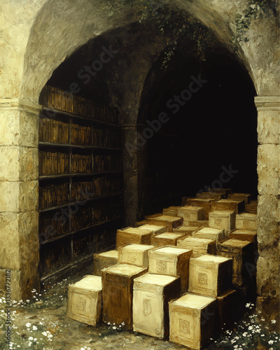 Mysterious Medieval Vault with Stacked Wooden Crates and Ancient Bookshelves; Atmospheric Cave-like Dark Architecture and History Revealed in Vintage Style Vector Art