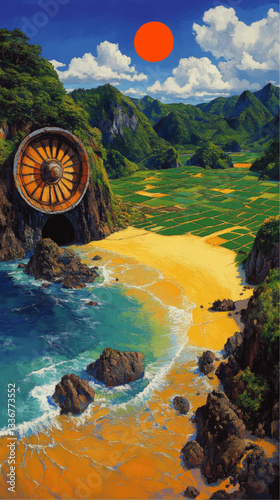 Vibrant Vector Landscape Illustration with Ocean, Golden Beach, Geometric Farmland, Mountainous Backdrop, Surreal Red Sun, and Large Tunnel Wheel in Nature